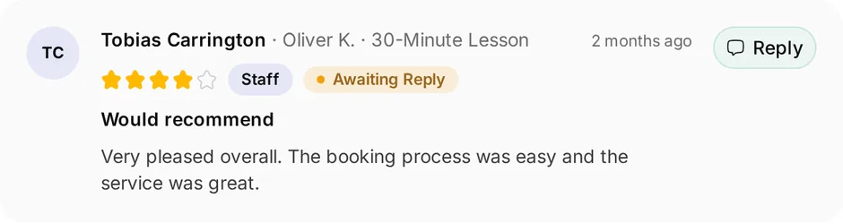 A review of Melody Music Lessons for 30-minute lesson, headed "Would recommend", waiting for a reply