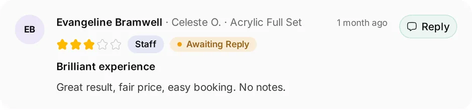 A review of Polish & Gloss for acrylic full set, headed "Brilliant experience", waiting for a reply