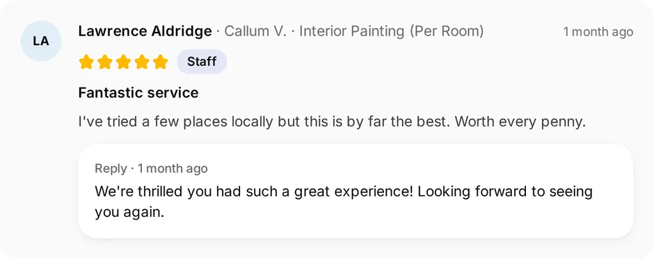 A review of Precision Decorating for interior painting (per room), headed "Fantastic service", with the owner's reply underneath