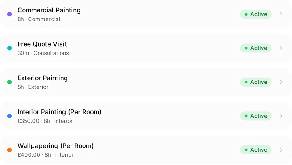 The services list at Precision Decorating: Interior painting (per room), £350, 8h, Interior; Wallpapering (per room), £400, 8h, Interior; Kitchen cabinet painting, £650, 8h, Specialist