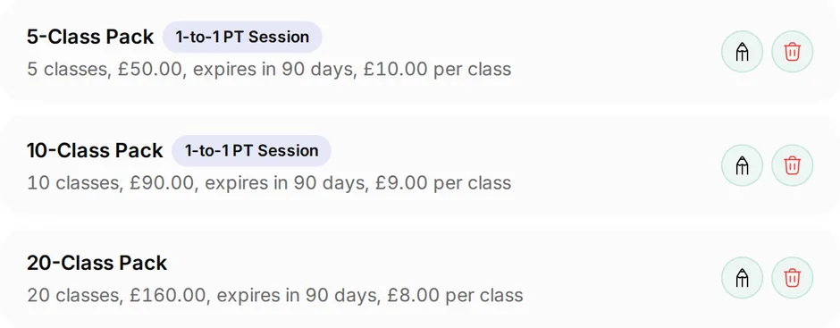 Class packs at Peak Performance PT: 5-Class Pack, 5 classes for £50; 10-Class Pack, 10 classes for £90; 20-Class Pack, 20 classes for £160