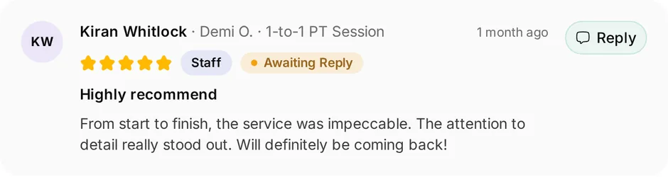A review of Peak Performance PT for 1-to-1 PT session, headed "Highly recommend", waiting for a reply