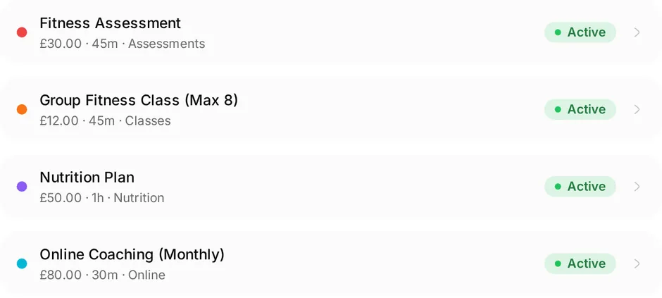 The services list at Peak Performance PT: Fitness assessment, £30, 45m, Assessments; Group fitness class (max 8), £12, 45m, Classes; Nutrition plan, £50, 1h, Nutrition; Online coaching (monthly), £80, 30m, Online