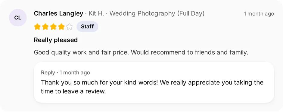 A review of Capture Moments Photography for wedding photography (full day), headed "Really pleased", with the owner's reply underneath