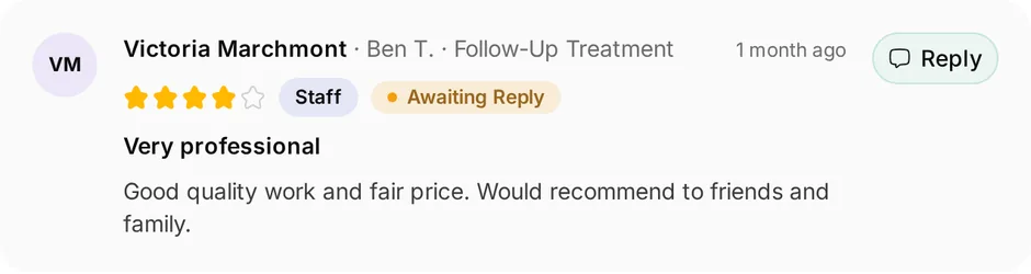 A review of ActiveRecover Physio for follow-up treatment, headed "Very professional", waiting for a reply