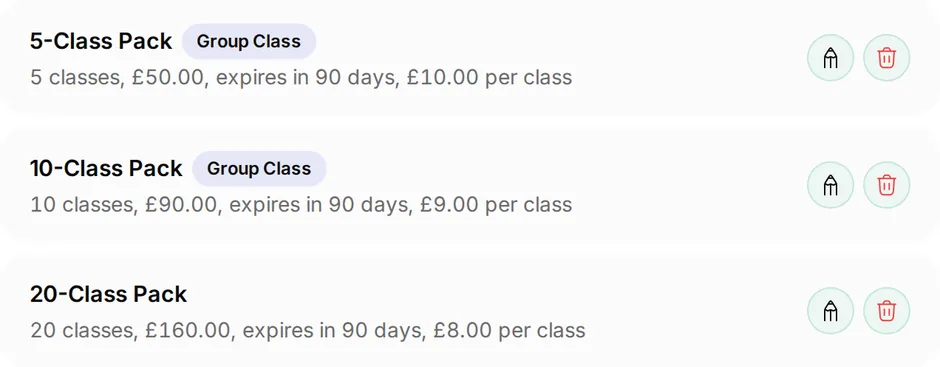 Class packs at Core Pilates Studio: 5-Class Pack, 5 classes for £50; 10-Class Pack, 10 classes for £90; 20-Class Pack, 20 classes for £160