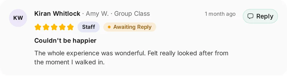 A review of Core Pilates Studio for group class, headed "Couldn't be happier", waiting for a reply