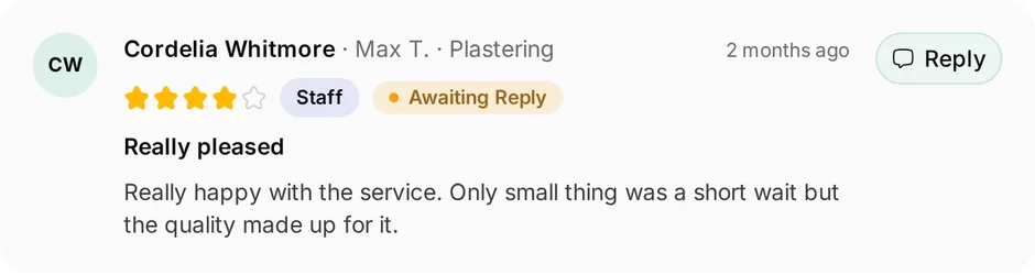 A review of Smooth Finish Plastering for plastering, headed "Really pleased", waiting for a reply