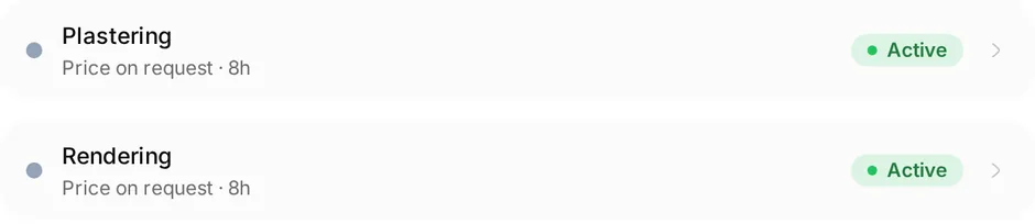 The services list at Smooth Finish Plastering: Plastering, price on request, 8h; Rendering, price on request, 8h