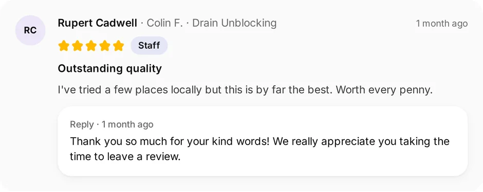 A review of FlowFix Plumbing for drain unblocking, headed "Outstanding quality", with the owner's reply underneath