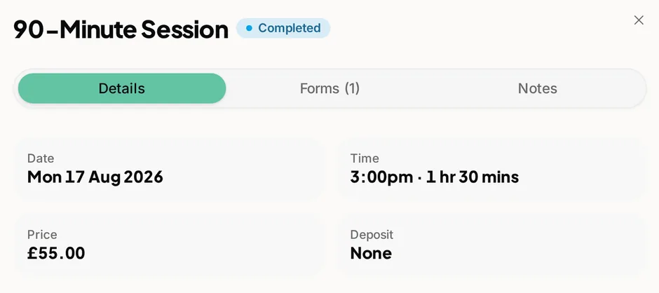 A 90-minute session appointment at BrightSpark Tutoring on Mon 17 Aug 2026, 3:00pm, 1 hr 30 mins, priced at £55, deposit none