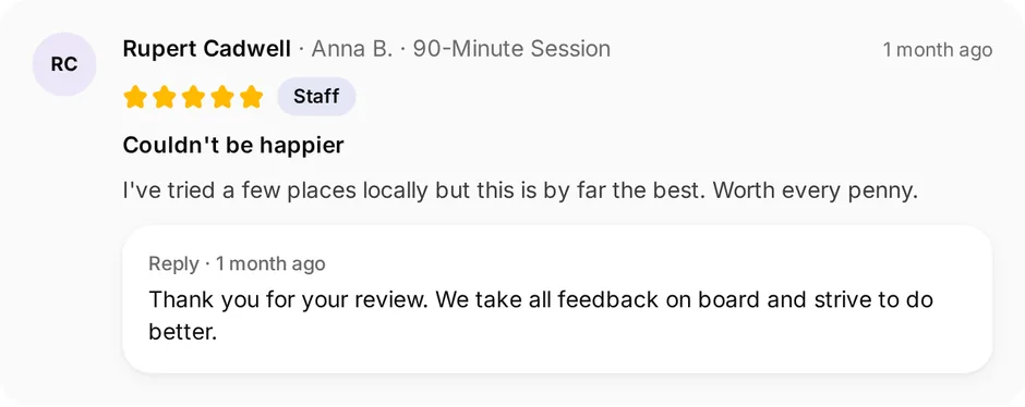 A review of BrightSpark Tutoring for 90-minute session, headed "Couldn't be happier", with the owner's reply underneath