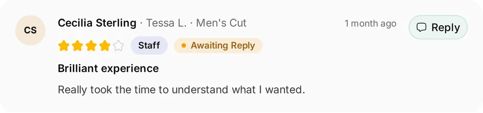 A review of The Cutting Room for men's cut, headed "Brilliant experience", waiting for a reply