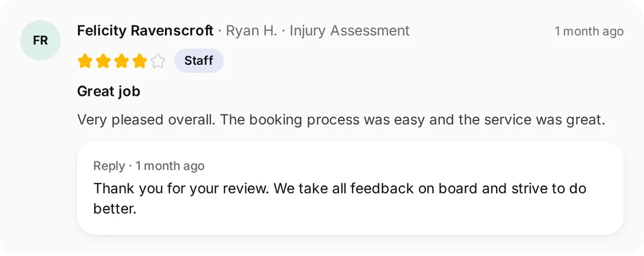 A review of Peak Sports Therapy for injury assessment, headed "Great job", with the owner's reply underneath
