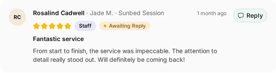 A review of Bronze Glow Tanning for sunbed session, headed "Fantastic service", waiting for a reply