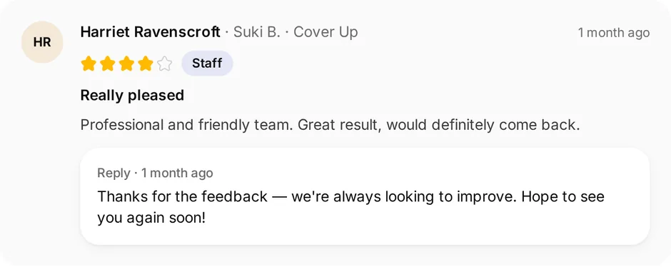 A review of Black Ink Studios for cover up, headed "Really pleased", with the owner's reply underneath