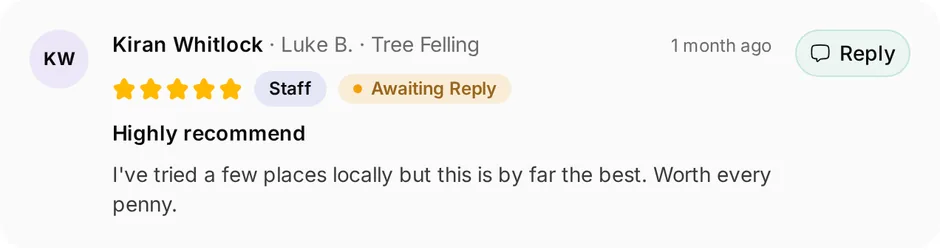 A review of Canopy Tree Care for tree felling, headed "Highly recommend", waiting for a reply