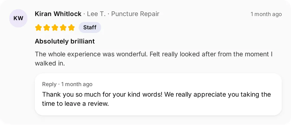 A review of QuickFit Tyres for puncture repair, headed "Absolutely brilliant", with the owner's reply underneath
