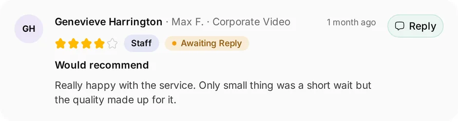 A review of Motion Works Films for corporate video, headed "Would recommend", waiting for a reply