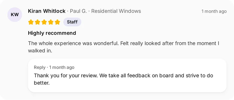A review of Crystal Clear Windows for residential windows, headed "Highly recommend", with the owner's reply underneath