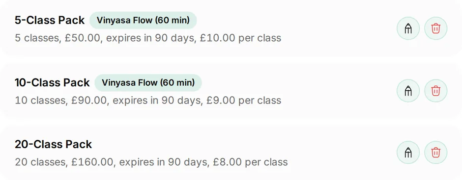 Class packs at Flow Yoga Studio: 5-Class Pack, 5 classes for £50; 10-Class Pack, 10 classes for £90; 20-Class Pack, 20 classes for £160