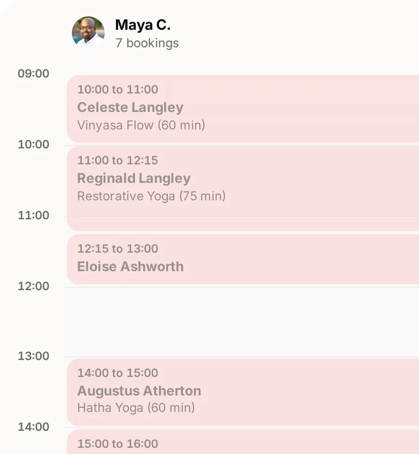 The diary at our demo business for yoga instructors
