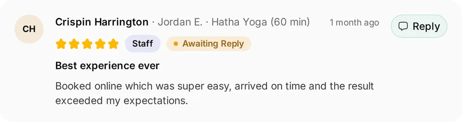 A review of Flow Yoga Studio for hatha yoga (60 min), headed "Best experience ever", waiting for a reply